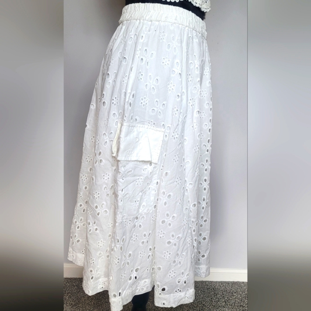 NU DENMARK White Eyelet Cargo Maxi Skirt. Sz S. NWT
